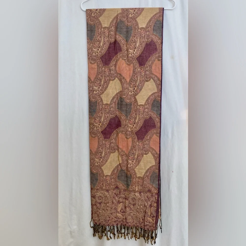 Dimri Orange & Brown Print Rayon Shawl Scarf Wrap Oversized 84” x 26”